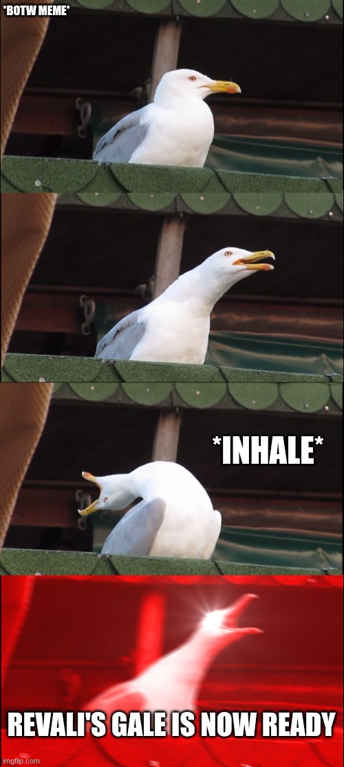 botw | *BOTW MEME*; *INHALE*; REVALI'S GALE IS NOW READY | image tagged in memes,inhaling seagull | made w/ Imgflip meme maker