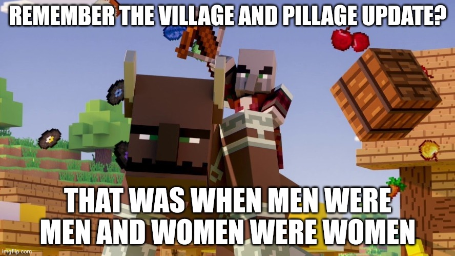 Pillager Riding Ravager | REMEMBER THE VILLAGE AND PILLAGE UPDATE? THAT WAS WHEN MEN WERE MEN AND WOMEN WERE WOMEN | image tagged in pillager riding ravager | made w/ Imgflip meme maker