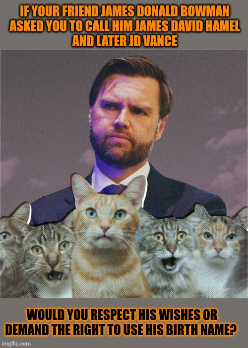 This #lolcat wonders if we should respect people's wishes or demand our right to insult them | IF YOUR FRIEND JAMES DONALD BOWMAN 

ASKED YOU TO CALL HIM JAMES DAVID HAMEL 
AND LATER JD VANCE; WOULD YOU RESPECT HIS WISHES OR DEMAND THE RIGHT TO USE HIS BIRTH NAME? | image tagged in woke,jd vance,transphobic,names,lolcat | made w/ Imgflip meme maker