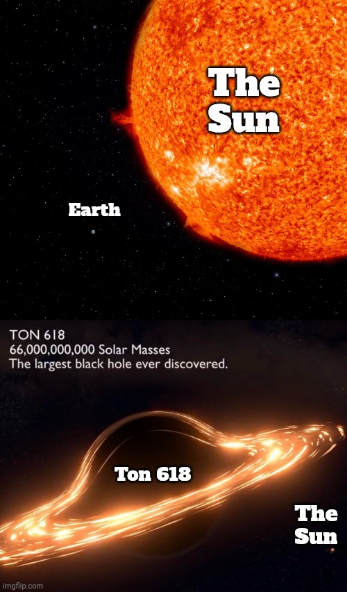 It's not even funny how big Ton 618 is. And this is how big it was 10 billion years ago. Bruhhhhhhh | The Sun; Earth; Ton 618; The Sun | made w/ Imgflip meme maker