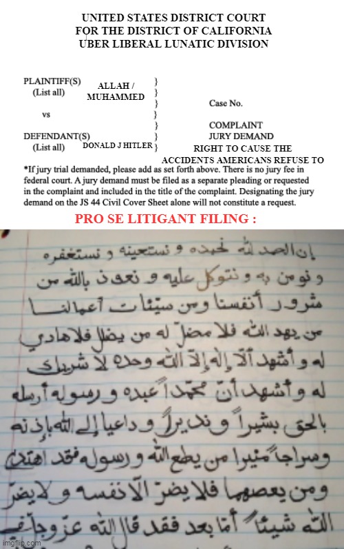 17,000 plus CDL Licensees file class action suit | UNITED STATES DISTRICT COURT
FOR THE DISTRICT OF CALIFORNIA
UBER LIBERAL LUNATIC DIVISION; ALLAH /
MUHAMMED; DONALD J HITLER; RIGHT TO CAUSE THE ACCIDENTS AMERICANS REFUSE TO; PRO SE LITIGANT FILING : | image tagged in illegal non english speaking truck drivers suit meme | made w/ Imgflip meme maker