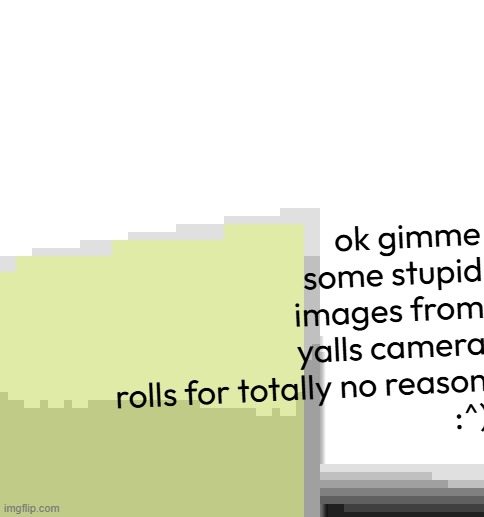 ok gimme some stupid images from yalls camera rolls for totally no reason
:^) | made w/ Imgflip meme maker