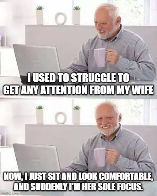 Wives don't like husband's doing nothing | I USED TO STRUGGLE TO GET ANY ATTENTION FROM MY WIFE; NOW, I JUST SIT AND LOOK COMFORTABLE, AND SUDDENLY I'M HER SOLE FOCUS. | image tagged in memes,hide the pain harold,husband wife,nagging wife,marriage,jokes | made w/ Imgflip meme maker
