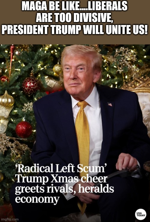 Trump the uniter | MAGA BE LIKE....LIBERALS ARE TOO DIVISIVE, PRESIDENT TRUMP WILL UNITE US! | image tagged in donald trump,trump,maga,nevertrump,trump sucks,conservative | made w/ Imgflip meme maker