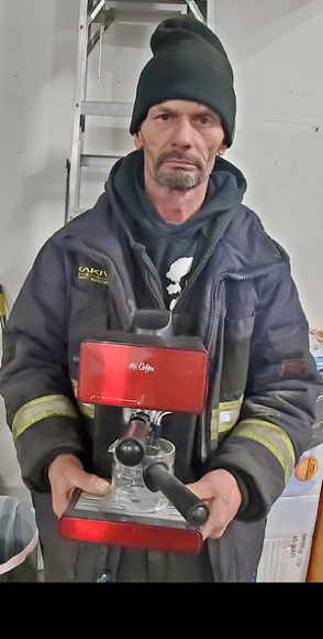 firefighter with coffee maker Blank Meme Template