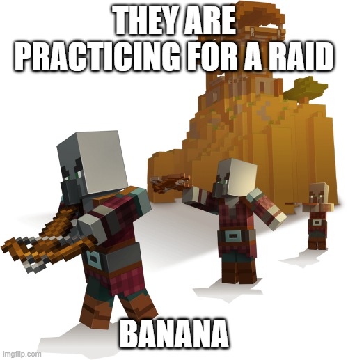 Pillagers | THEY ARE PRACTICING FOR A RAID; BANANA | image tagged in pillagers | made w/ Imgflip meme maker
