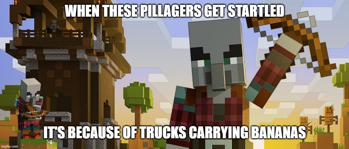 Pillagers | WHEN THESE PILLAGERS GET STARTLED; IT'S BECAUSE OF TRUCKS CARRYING BANANAS | image tagged in pillagers | made w/ Imgflip meme maker