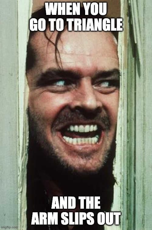 Jiu-jitsu fail | WHEN YOU GO TO TRIANGLE; AND THE ARM SLIPS OUT | image tagged in memes,here's johnny | made w/ Imgflip meme maker