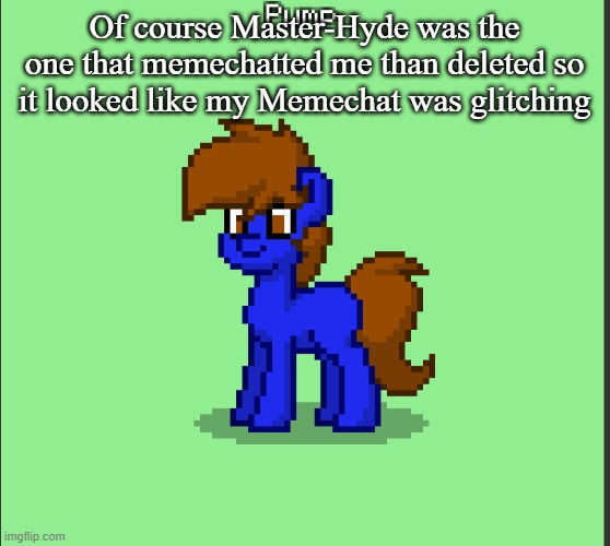 Pony Pump except in Pony Town | Of course Master-Hyde was the one that memechatted me than deleted so it looked like my Memechat was glitching | image tagged in pony pump except in pony town | made w/ Imgflip meme maker