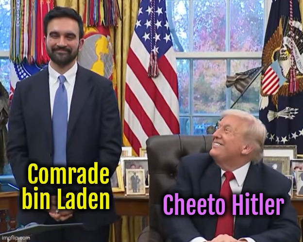 Ah look Commie Nazis working together. Never seen before | Comrade bin Laden; Cheeto Hitler | image tagged in trump mamdani,trump | made w/ Imgflip meme maker
