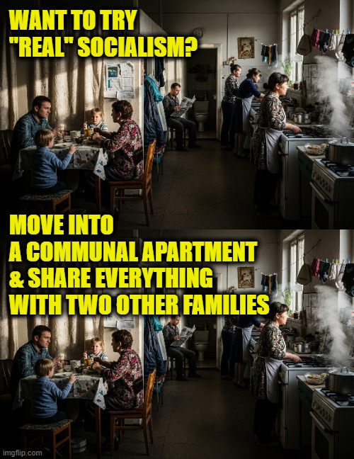 Real socialism has never been tried | WANT TO TRY "REAL" SOCIALISM? MOVE INTO 
A COMMUNAL APARTMENT 
& SHARE EVERYTHING
WITH TWO OTHER FAMILIES | image tagged in socialism | made w/ Imgflip meme maker