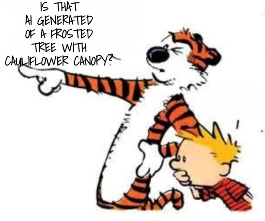 Whoa | IS THAT AI GENERATED OF A FROSTED TREE WITH CAULIFLOWER CANOPY? | image tagged in whoa | made w/ Imgflip meme maker