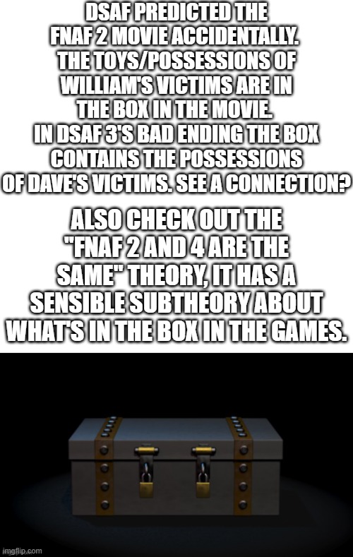 Possible answers to what's in the box. | DSAF PREDICTED THE FNAF 2 MOVIE ACCIDENTALLY. 
THE TOYS/POSSESSIONS OF WILLIAM'S VICTIMS ARE IN THE BOX IN THE MOVIE. 
IN DSAF 3'S BAD ENDING THE BOX CONTAINS THE POSSESSIONS OF DAVE'S VICTIMS. SEE A CONNECTION? ALSO CHECK OUT THE "FNAF 2 AND 4 ARE THE SAME" THEORY, IT HAS A SENSIBLE SUBTHEORY ABOUT WHAT'S IN THE BOX IN THE GAMES. | image tagged in memes,blank transparent square,fnaf 4 box | made w/ Imgflip meme maker