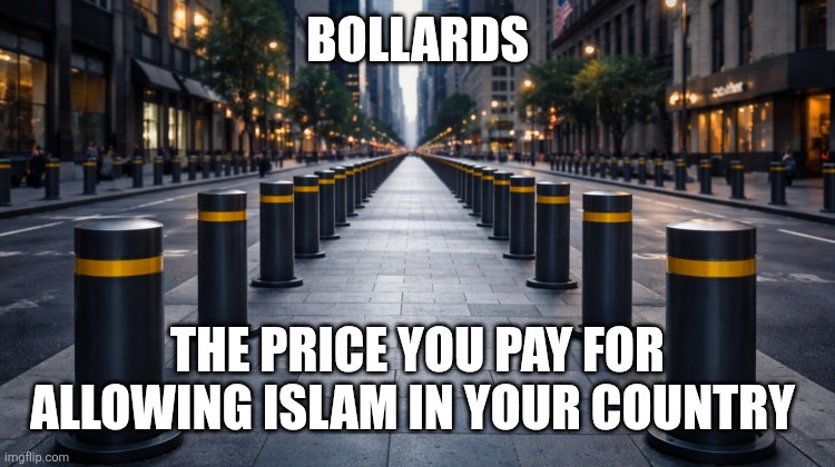 There is no Radical Islam | BOLLARDS; THE PRICE YOU PAY FOR ALLOWING ISLAM IN YOUR COUNTRY | image tagged in bollards,traffic | made w/ Imgflip meme maker