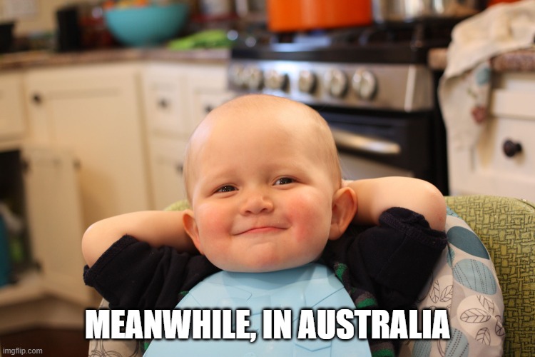 Baby Boss Relaxed Smug Content | MEANWHILE, IN AUSTRALIA | image tagged in baby boss relaxed smug content | made w/ Imgflip meme maker