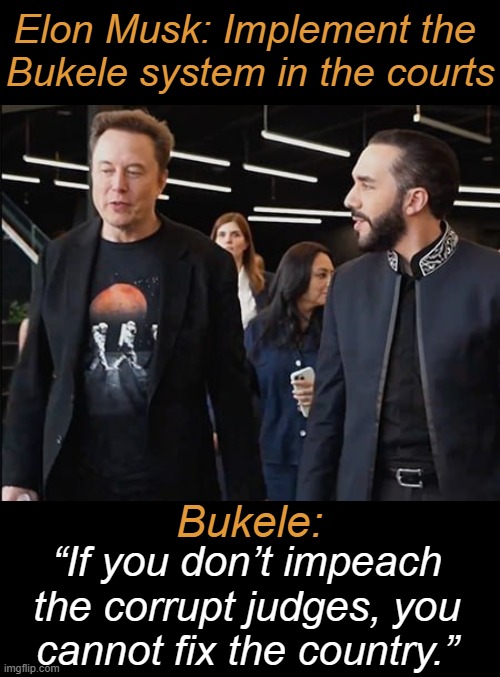 Unethical and Unprincipled Judges | Elon Musk: Implement the 
Bukele system in the courts; Bukele:; “If you don’t impeach 
the corrupt judges, you 
cannot fix the country.” | image tagged in elon musk,bukele,corrupt judges,government corruption,crooked | made w/ Imgflip meme maker