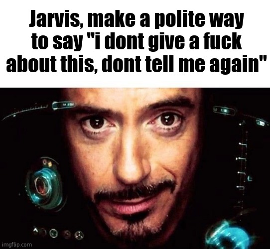 jarvis 2 (random stuff from "unsubmitted" #8) | Jarvis, make a polite way to say "i dont give a fuck about this, dont tell me again" | image tagged in what | made w/ Imgflip meme maker