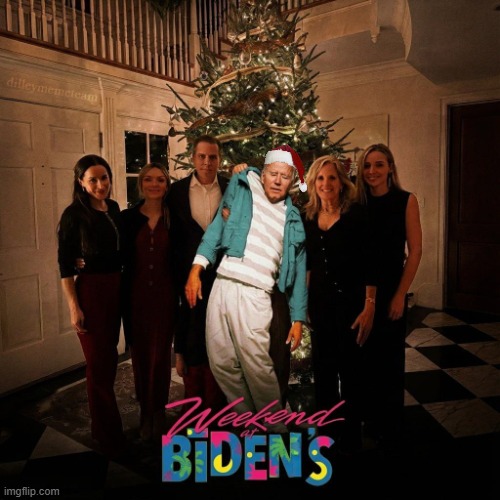 Weekend at Bidens Christmas | image tagged in creepy joe biden,hunter biden,merry christmas,weekend at bernie's | made w/ Imgflip meme maker