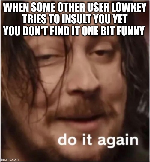 Do it again | WHEN SOME OTHER USER LOWKEY TRIES TO INSULT YOU YET YOU DON'T FIND IT ONE BIT FUNNY | image tagged in do it again | made w/ Imgflip meme maker
