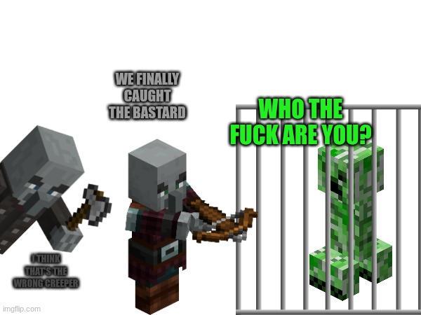 WE FINALLY CAUGHT THE BASTARD; WHO THE FUCK ARE YOU? I THINK THAT'S THE WRONG CREEPER | made w/ Imgflip meme maker