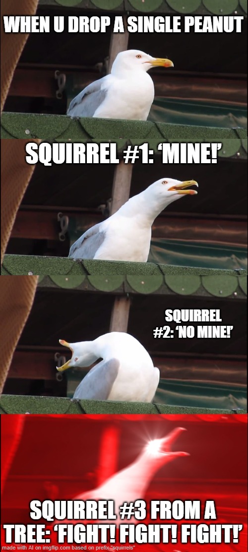 people at school fighting | WHEN U DROP A SINGLE PEANUT; SQUIRREL #1: ‘MINE!’; SQUIRREL #2: ‘NO MINE!’; SQUIRREL #3 FROM A TREE: ‘FIGHT! FIGHT! FIGHT!’ | image tagged in memes,inhaling seagull | made w/ Imgflip meme maker