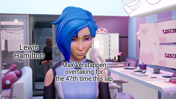 Evelyn Walking Up On Tari Meme Max Verstappen | Lewis Hamilton; Max Verstappen overtaking for the 47th time this lap | image tagged in evelyn walking up on tari,memes,redbull,f1 | made w/ Imgflip meme maker