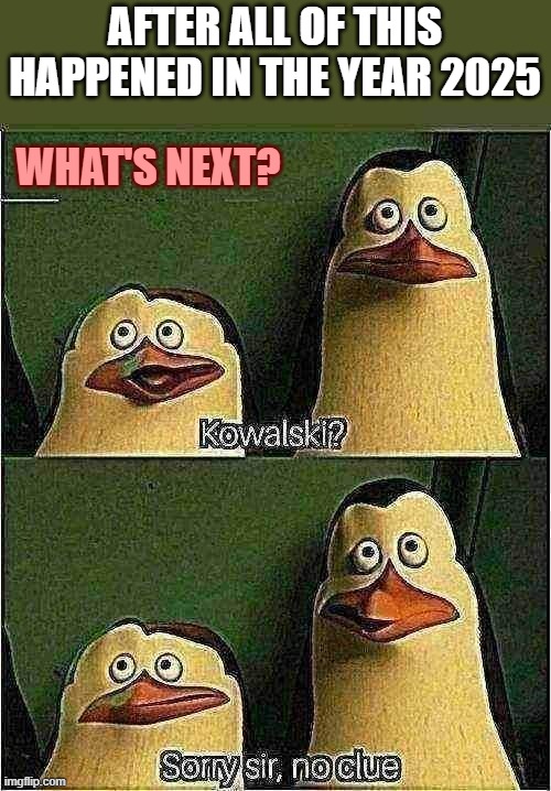 So, what's next for 2026 after the year 2025 has ended | AFTER ALL OF THIS HAPPENED IN THE YEAR 2025; WHAT'S NEXT? | image tagged in sorry sir no clue,2025,new years,2026,now what | made w/ Imgflip meme maker