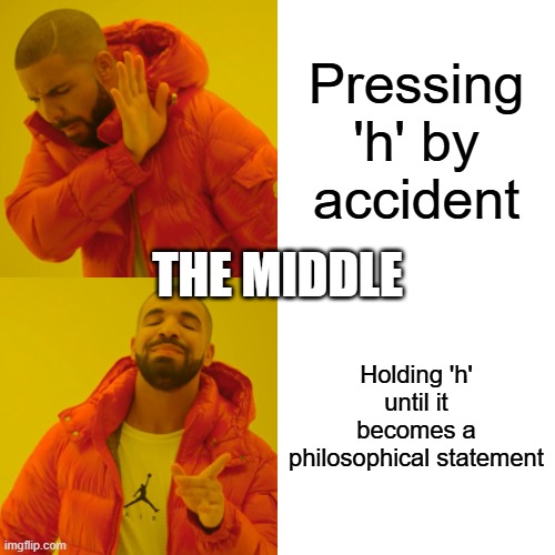 Drake Hotline Bling Meme | Pressing 'h' by accident; THE MIDDLE; Holding 'h' until it becomes a philosophical statement | image tagged in memes,drake hotline bling | made w/ Imgflip meme maker