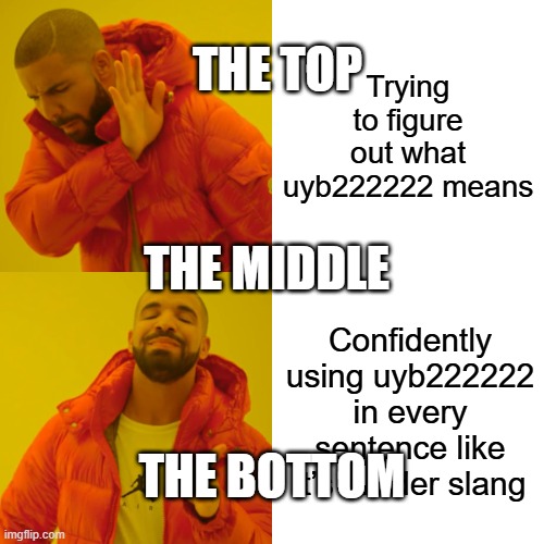 Drake Hotline Bling Meme | THE TOP; Trying to figure out what uyb222222 means; THE MIDDLE; Confidently using uyb222222 in every sentence like it’s insider slang; THE BOTTOM | image tagged in memes,drake hotline bling | made w/ Imgflip meme maker