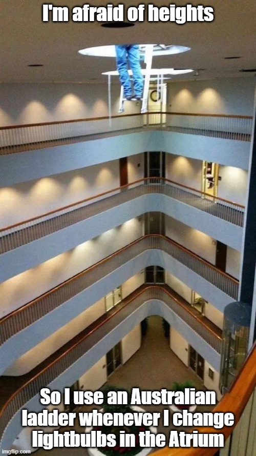 Australian Ladder | I'm afraid of heights; So I use an Australian ladder whenever I change lightbulbs in the Atrium | image tagged in australia,down under,work smarter,heights | made w/ Imgflip meme maker