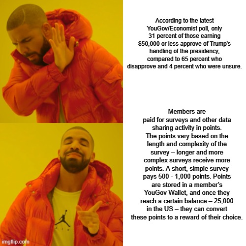 The name alone tells you what they are. Hired protestors & Hired survey participants. | According to the latest YouGov/Economist poll, only 31 percent of those earning $50,000 or less approve of Trump’s handling of the presidency, compared to 65 percent who disapprove and 4 percent who were unsure. Members are paid for surveys and other data sharing activity in points. The points vary based on the length and complexity of the survey – longer and more complex surveys receive more points. A short, simple survey pays 500 - 1,000 points. Points are stored in a member’s YouGov Wallet, and once they reach a certain balance – 25,000 in the US – they can convert these points to a reward of their choice. | image tagged in memes,drake hotline bling | made w/ Imgflip meme maker
