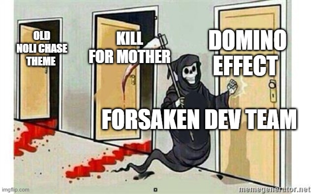R.I.P Domino Effect (2024-2025) | DOMINO EFFECT; KILL FOR MOTHER; OLD NOLI CHASE THEME; FORSAKEN DEV TEAM | image tagged in grim reaper knocking door | made w/ Imgflip meme maker