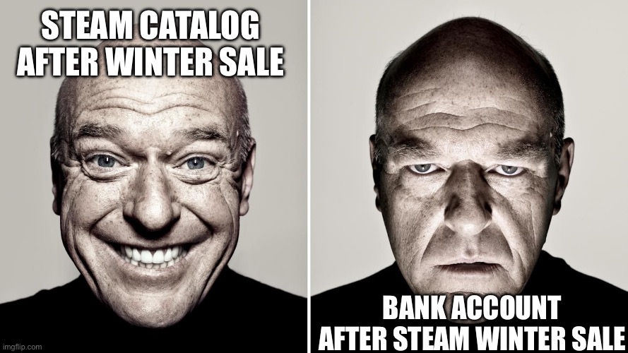 Steam Sales are always Bittersweet | STEAM CATALOG AFTER WINTER SALE; BANK ACCOUNT AFTER STEAM WINTER SALE | image tagged in good and bad meme,steam,sale | made w/ Imgflip meme maker