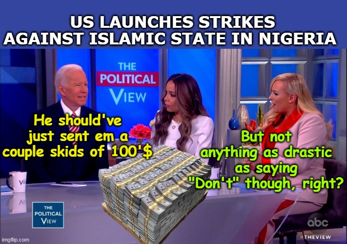 Like his boss taught em "Lead From Behind" (behind the printing press) | US LAUNCHES STRIKES AGAINST ISLAMIC STATE IN NIGERIA; He should've just sent em a couple skids of 100'$; But not anything as drastic as saying "Don't" though, right? | image tagged in biden view trump strike nigeria meme | made w/ Imgflip meme maker