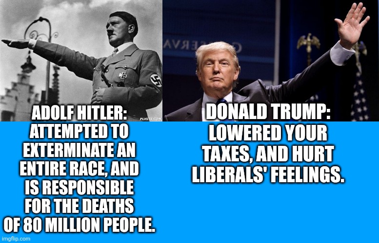 people claiming Trump is Hitler are stupid | ADOLF HITLER:
ATTEMPTED TO EXTERMINATE AN ENTIRE RACE, AND IS RESPONSIBLE FOR THE DEATHS OF 80 MILLION PEOPLE. DONALD TRUMP:
LOWERED YOUR TAXES, AND HURT LIBERALS' FEELINGS. | image tagged in hitler,trump waving,political meme,stupid liberals | made w/ Imgflip meme maker