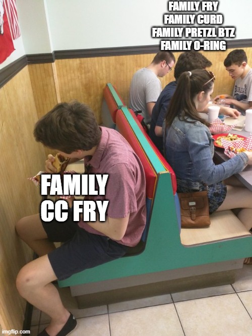 Culvers | FAMILY FRY
FAMILY CURD
FAMILY PRETZL BTZ
FAMILY O-RING; FAMILY CC FRY | image tagged in excluded | made w/ Imgflip meme maker