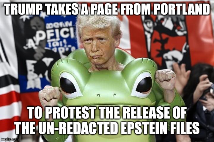 He's joined Antifa! | TRUMP TAKES A PAGE FROM PORTLAND; TO PROTEST THE RELEASE OF THE UN-REDACTED EPSTEIN FILES | image tagged in trump frog,jeffrey epstein,donald trump,epstein files,protest,portland | made w/ Imgflip meme maker