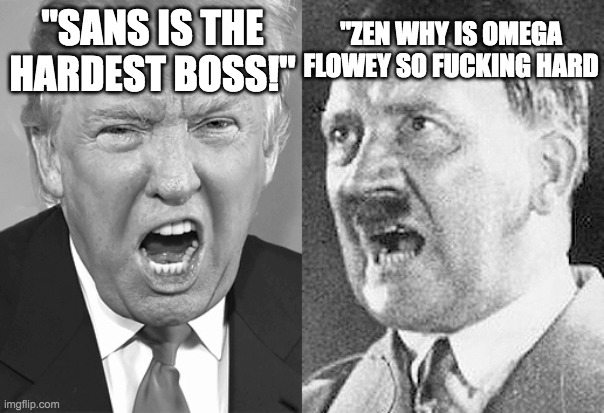 me when i play those | "ZEN WHY IS OMEGA FLOWEY SO FUCKING HARD; "SANS IS THE HARDEST BOSS!" | image tagged in trump hitler scream,undertale,sans,omega flowey | made w/ Imgflip meme maker