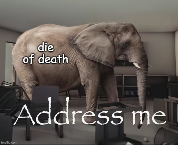 die of death | image tagged in address me elephant | made w/ Imgflip meme maker