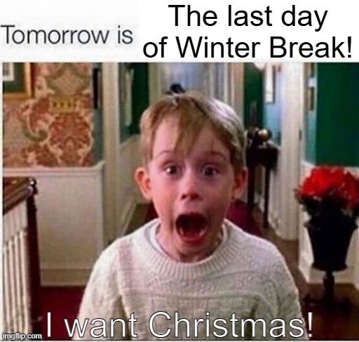 Tomorrow Is The Last Day of Winter Break | The last day of Winter Break! I want Christmas! | image tagged in tomorrow is,home alone,winter | made w/ Imgflip meme maker