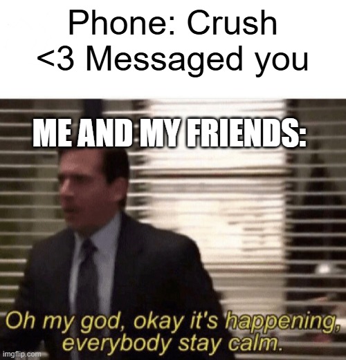 thing | Phone: Crush <3 Messaged you; ME AND MY FRIENDS: | image tagged in oh my god okay it's happening everybody stay calm | made w/ Imgflip meme maker
