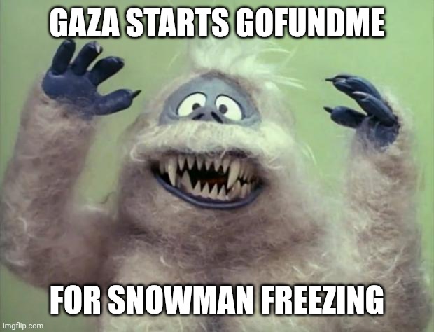 GAZA STARTS GOFUNDME FOR SNOWMAN FREEZING | image tagged in abominable snowman | made w/ Imgflip meme maker