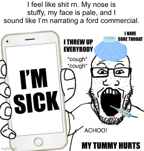 Sickjak | I feel like shit rn. My nose is stuffy, my face is pale, and I sound like I’m narrating a ford commercial. | image tagged in sickjak | made w/ Imgflip meme maker