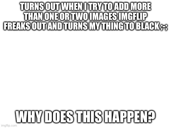 TURNS OUT WHEN I TRY TO ADD MORE THAN ONE OR TWO IMAGES IMGFLIP FREAKS OUT AND TURNS MY THING TO BLACK ;-;; WHY DOES THIS HAPPEN? | made w/ Imgflip meme maker