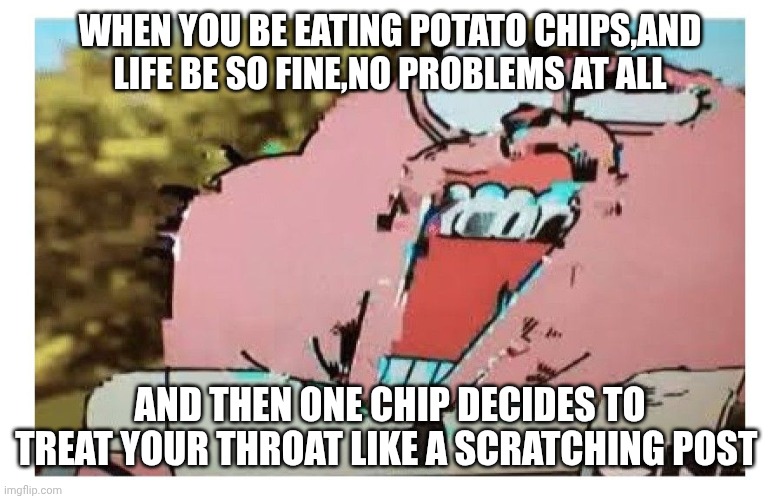 Richard glitch | WHEN YOU BE EATING POTATO CHIPS,AND LIFE BE SO FINE,NO PROBLEMS AT ALL; AND THEN ONE CHIP DECIDES TO TREAT YOUR THROAT LIKE A SCRATCHING POST | image tagged in richard glitch | made w/ Imgflip meme maker
