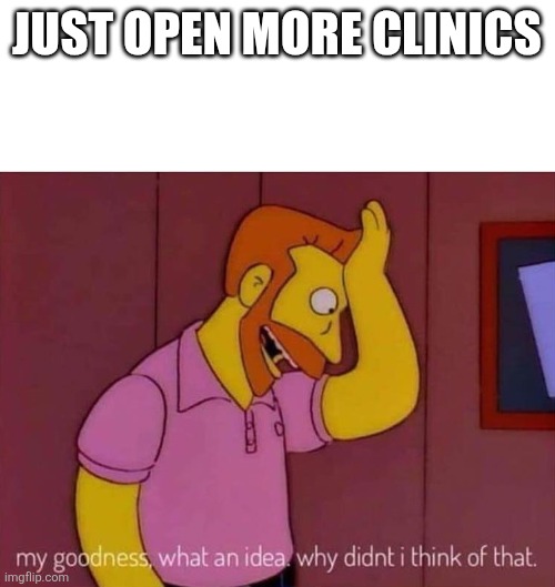 my goodness what an idea why didn't I think of that | JUST OPEN MORE CLINICS | image tagged in my goodness what an idea why didn't i think of that | made w/ Imgflip meme maker