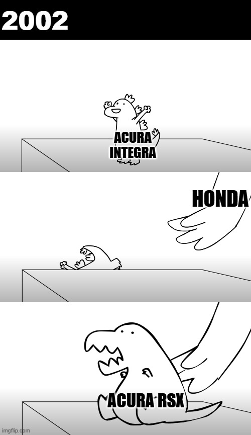 Acura RSX in a nutshell | 2002; ACURA INTEGRA; HONDA; ACURA RSX | image tagged in dinosaur replacement,acura,honda,acura rsx,acura integra | made w/ Imgflip meme maker