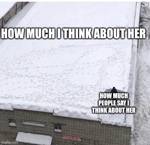 What if I don't wanna add an image title | HOW MUCH I THINK ABOUT HER; HOW MUCH PEOPLE SAY I THINK ABOUT HER | image tagged in snow shoveling | made w/ Imgflip meme maker