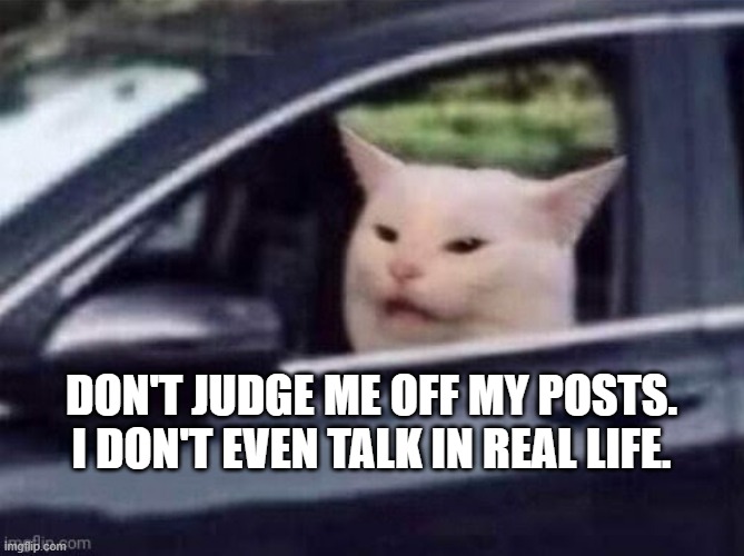 Smudge The Boss | DON'T JUDGE ME OFF MY POSTS. I DON'T EVEN TALK IN REAL LIFE. | image tagged in two women yelling at a cat,white cat table,woman yelling at white cat | made w/ Imgflip meme maker