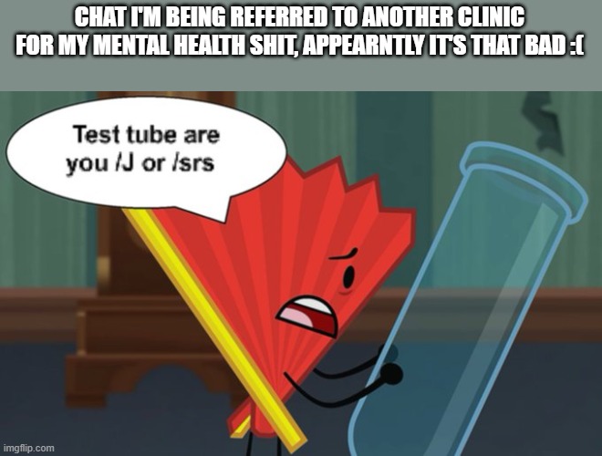 damn i just met this psychiatrist and she's already like "nope, this one's a nutcase" ;-; | CHAT I'M BEING REFERRED TO ANOTHER CLINIC FOR MY MENTAL HEALTH SHIT, APPEARNTLY IT'S THAT BAD :( | image tagged in test tube are you /j or /srs | made w/ Imgflip meme maker